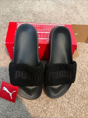 Puma Kids Black Sherpa Slide Sandals